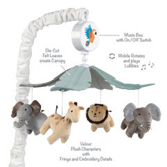 Lambs & Ivy Jungle Friends provides visual and auditory stimulation during baby's playtime