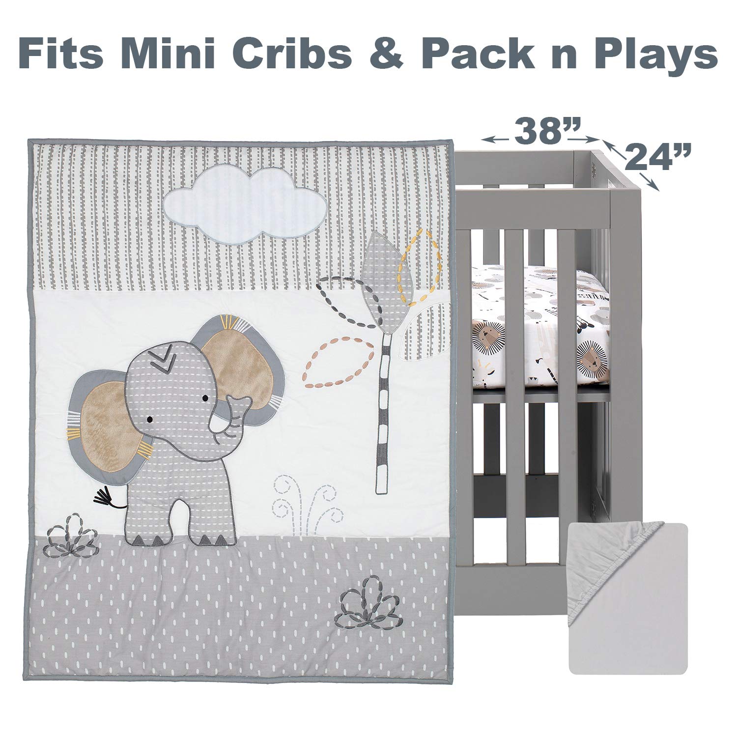 Lambs & Ivy Jungle Safari Elephant quilt embroidery enhances texture and charm.
