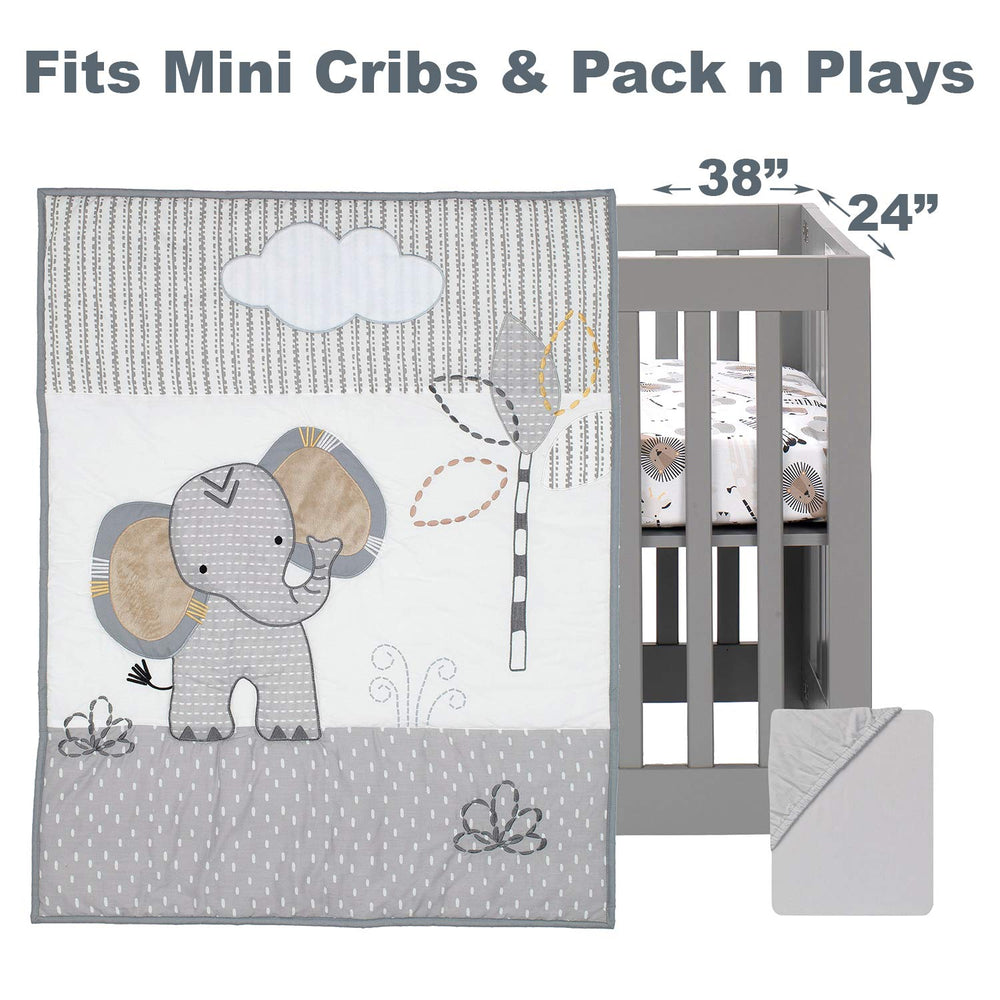 Lambs & Ivy Jungle Safari Elephant quilt embroidery enhances texture and charm.