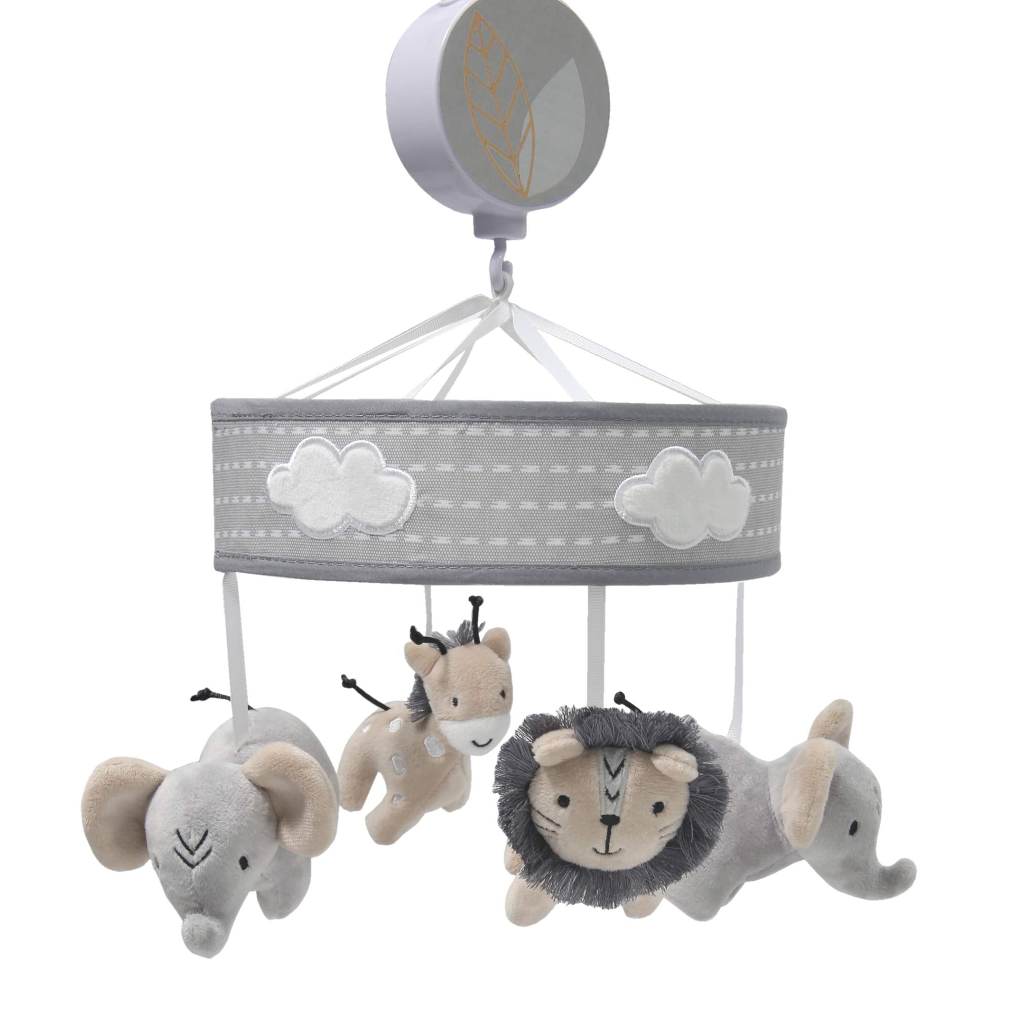 Lambs & Ivy Jungle Safari mobile in gray crib view coordinating nursery decor.