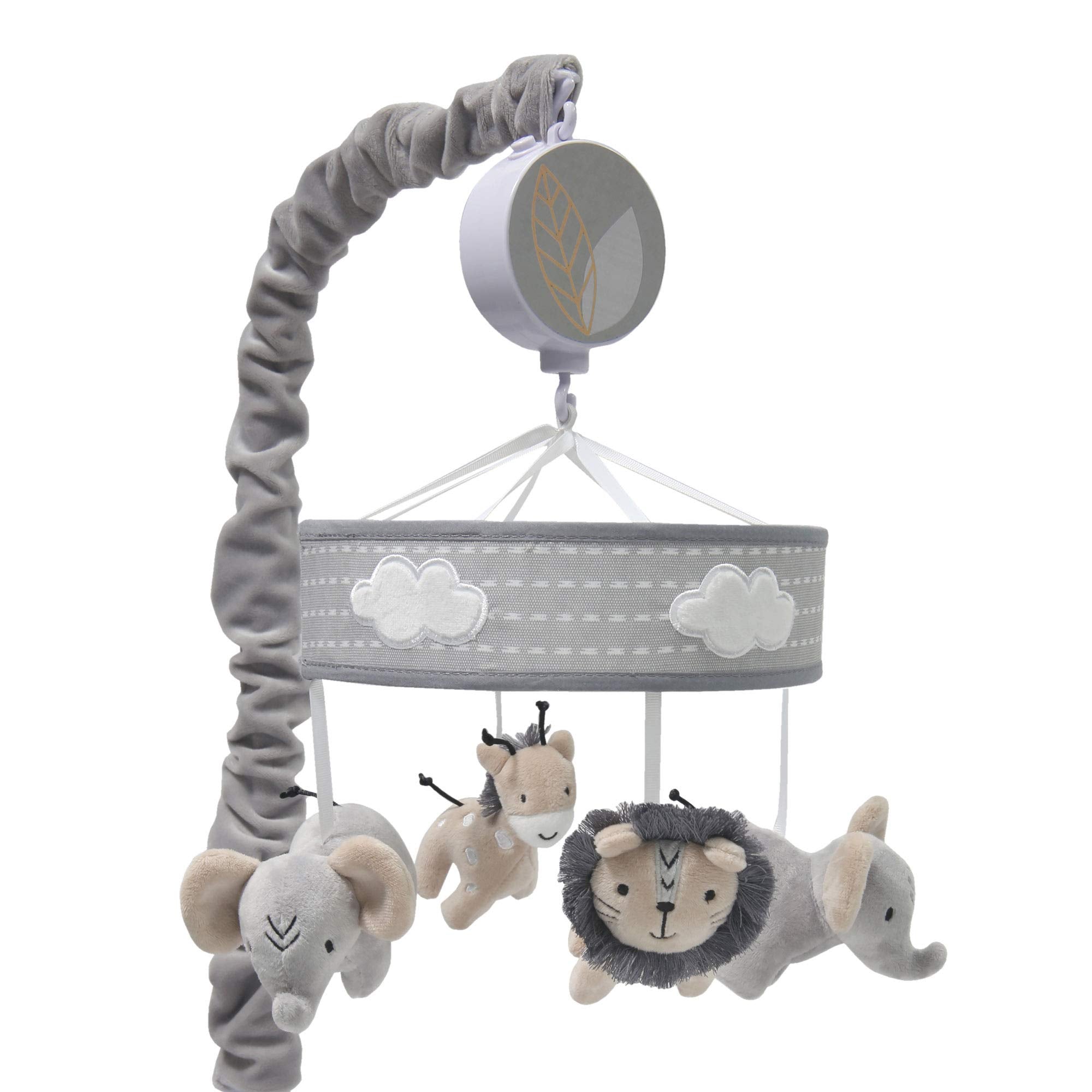 Lambs & Ivy Jungle Safari musical mobile spins gray animals to soothe baby.