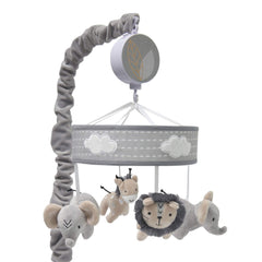 Lambs & Ivy Jungle Safari musical mobile spins gray animals to soothe baby.
