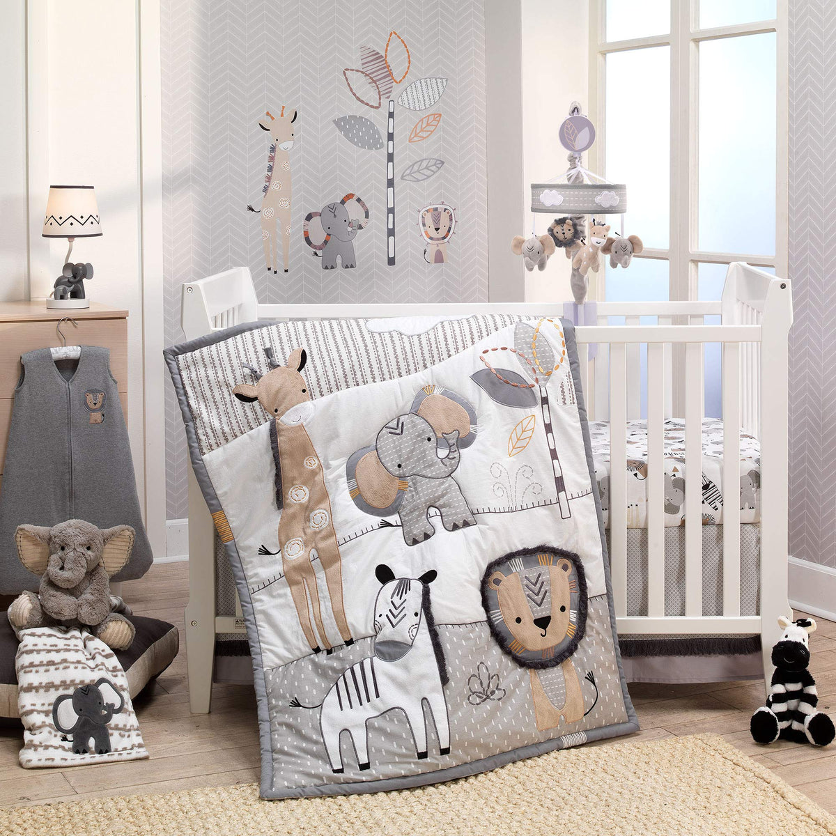 Lambs & Ivy Jungle Safari quilt closeup shows soft texture for a cozy nursery