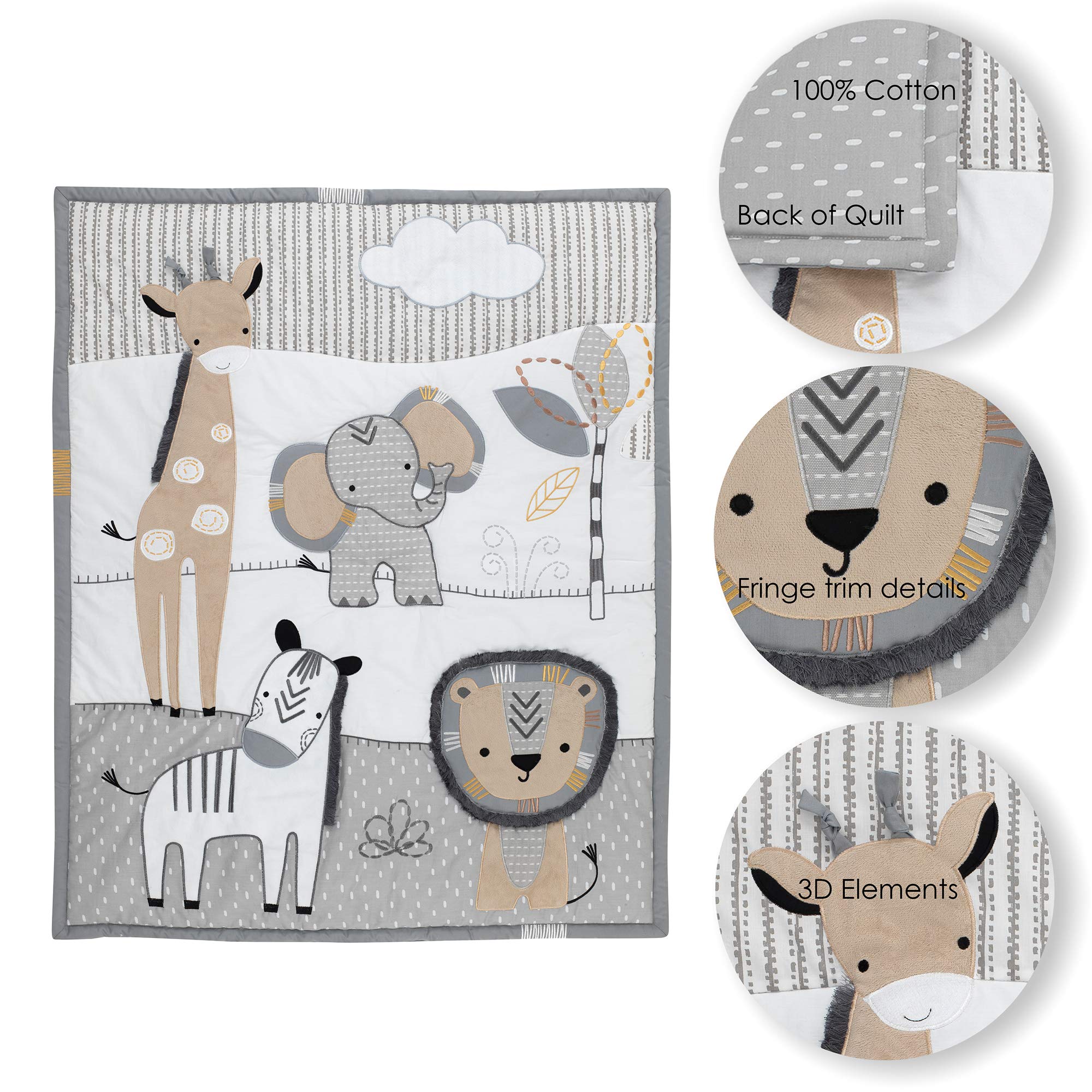 Lambs & Ivy Jungle Safari animal-print sheet paired with gray solid for versatile styling