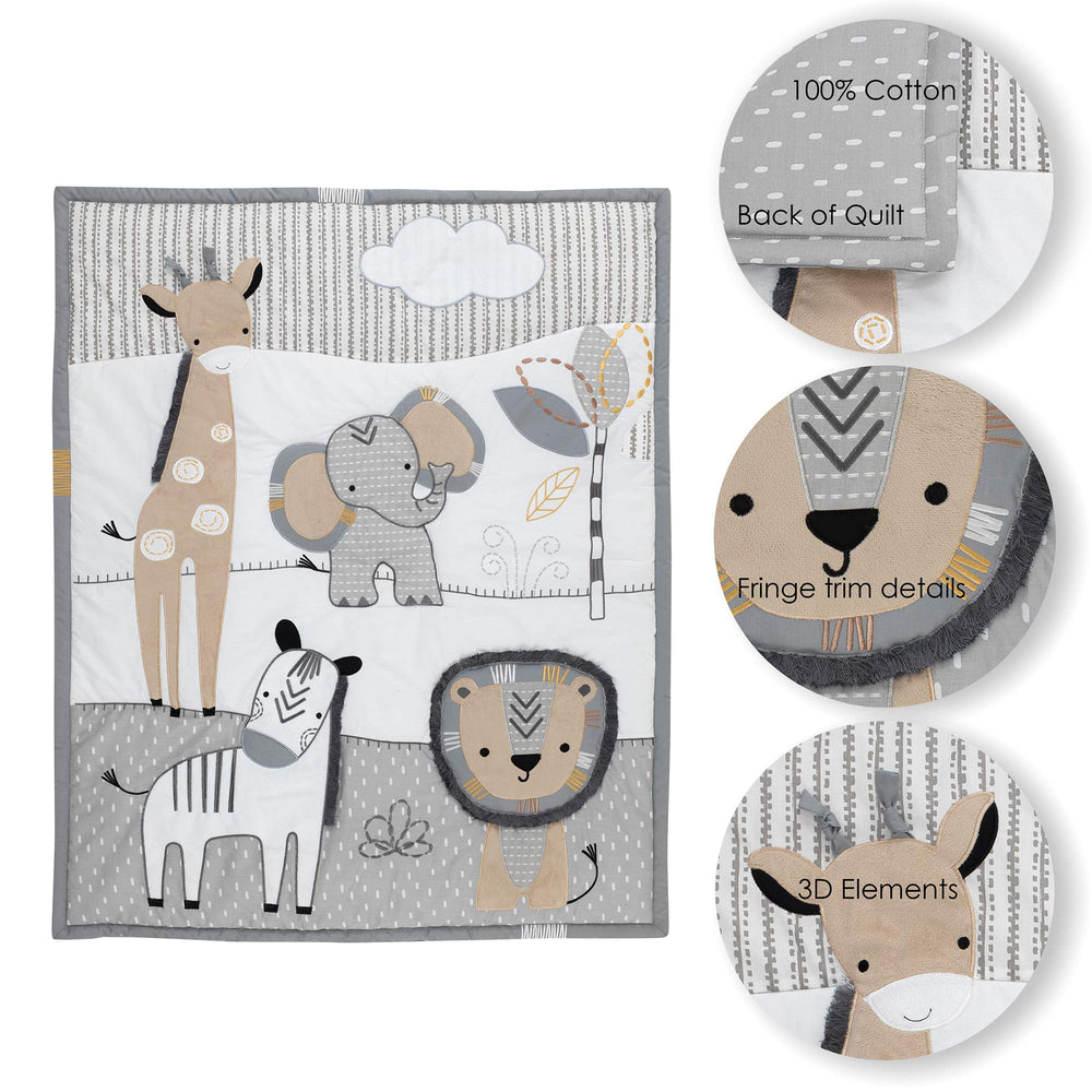Lambs & Ivy Jungle Safari animal-print sheet paired with gray solid for versatile styling