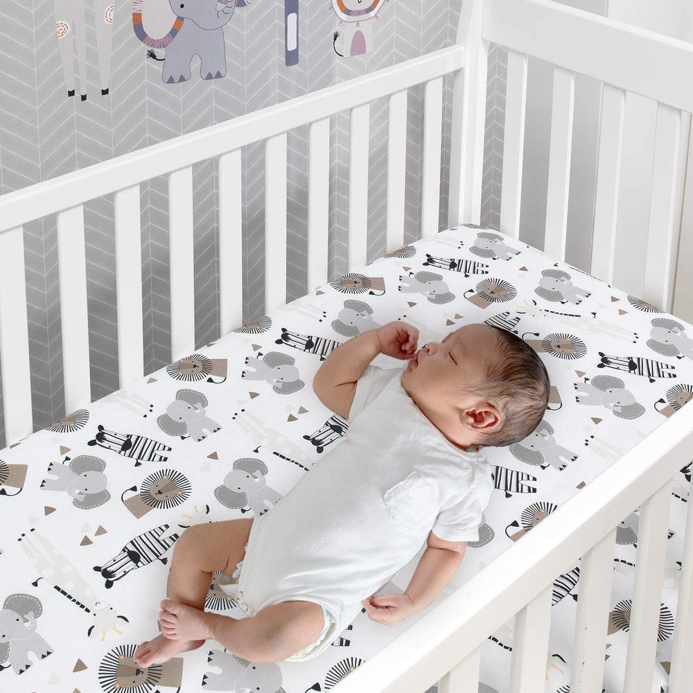 Lambs & Ivy Jungle Safari gray sheet closeup demonstrates breathable cotton for comfortable sleep