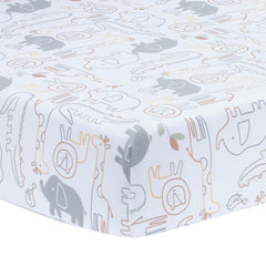 Lambs & Ivy Jungle Story crib sheet close-up showcases breathable 100% cotton comfort.
