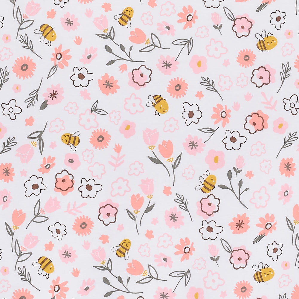 Lambs and Ivy Little Garden Sheet packaging shot, easy-care 100% cotton suitable for machine washing.