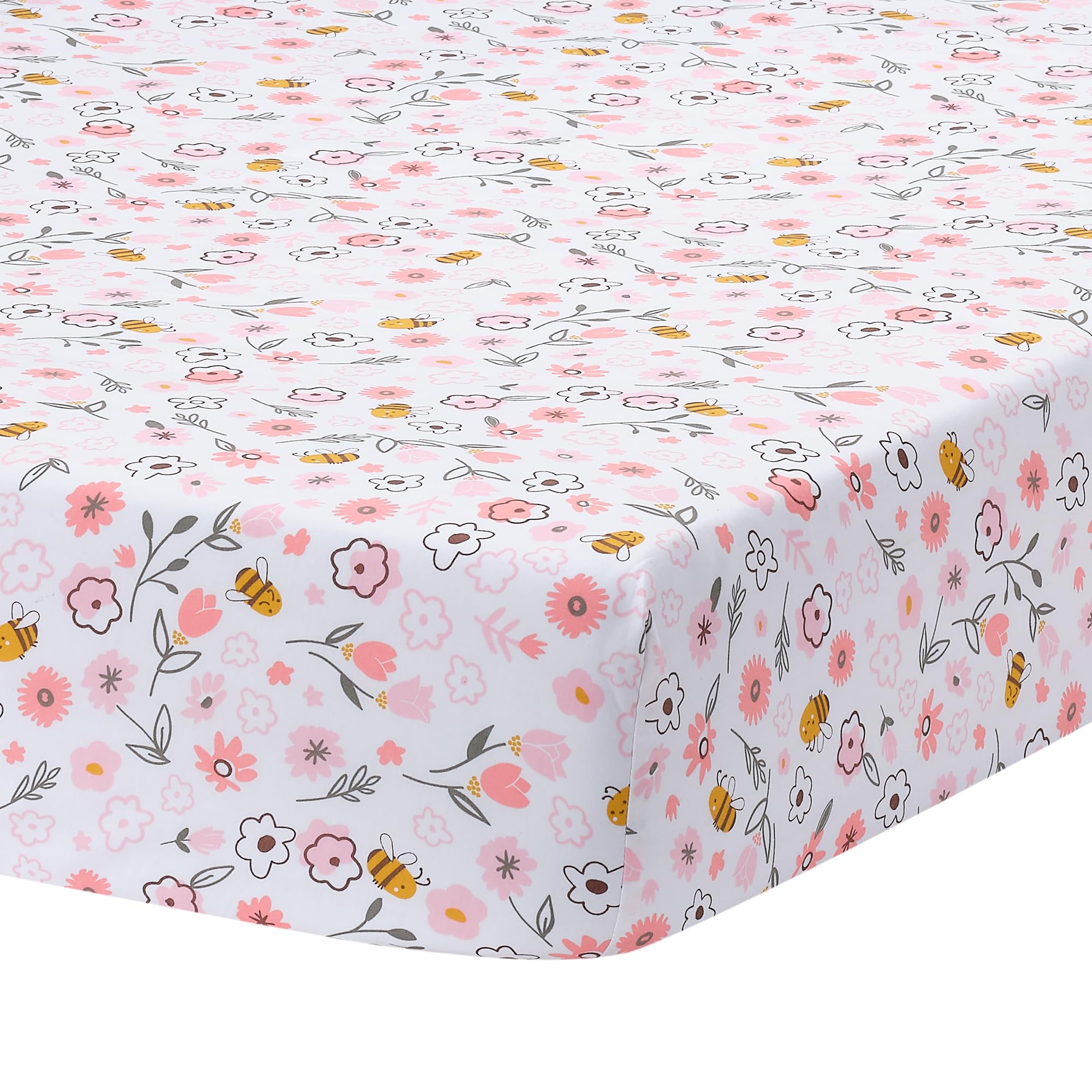 Lambs and Ivy Little Garden Sheet folded, pink floral fabric, soft breathable cotton for crib comfort.