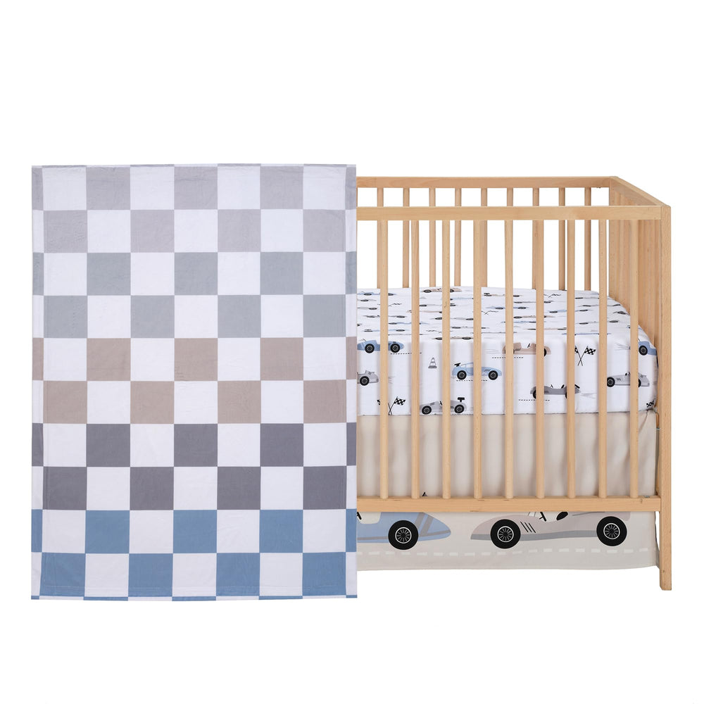 Lambs & Ivy Little Racer blanket back in faux shearling for warmth.