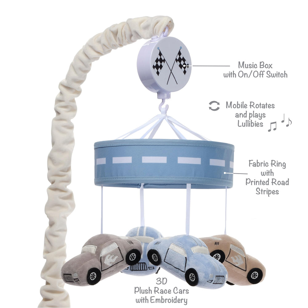 Lambs & Ivy Little Racer blue ring frames the mobile for calming bedtime visuals.