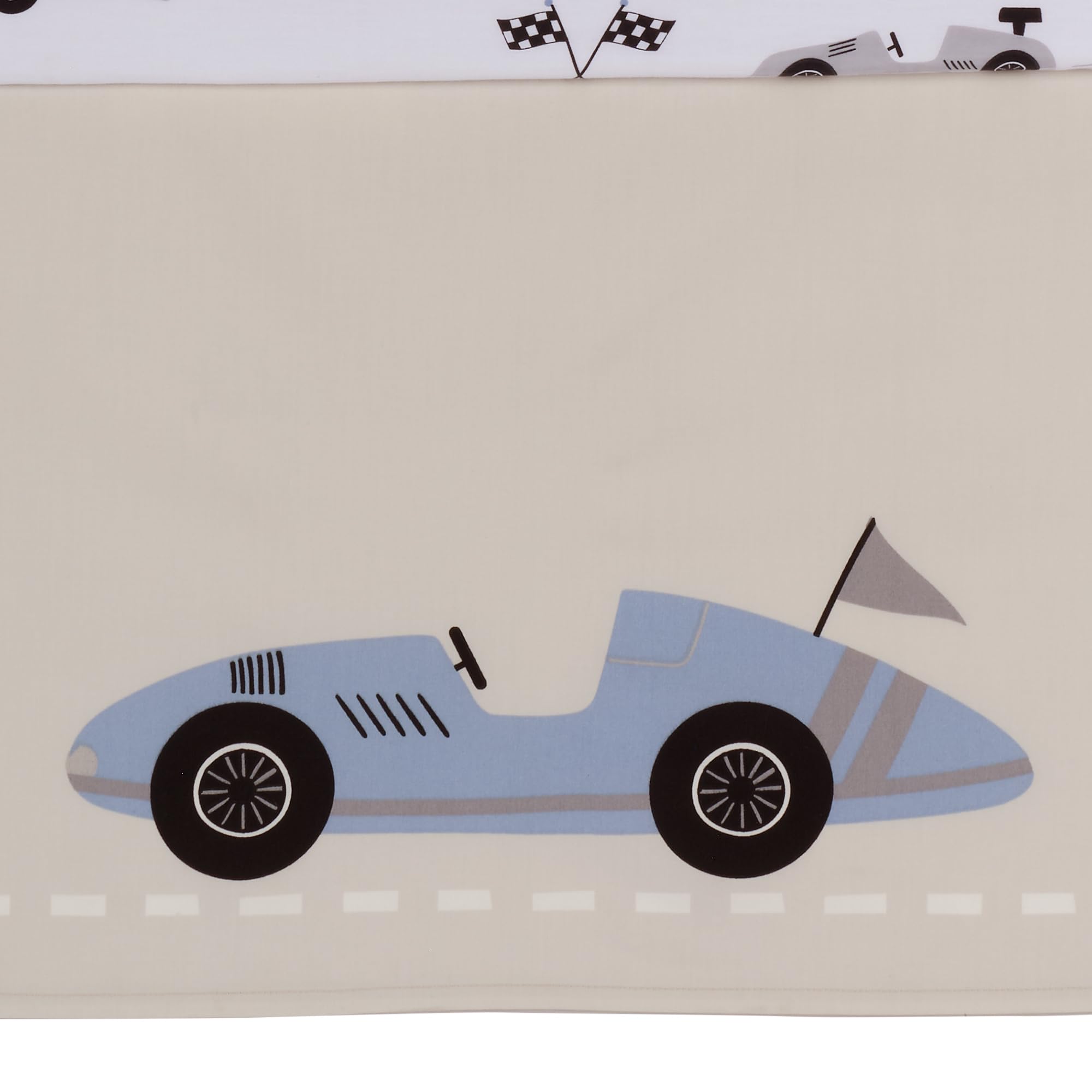 Lambs & Ivy Little Racer checkered flag detail reinforces race-themed design.