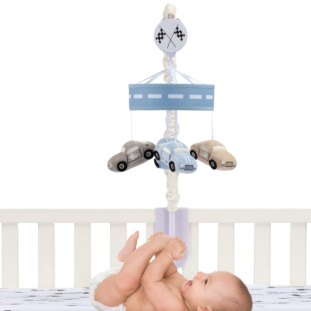 Lambs & Ivy Little Racer plays nursery songs to soothe baby for 20 minutes.