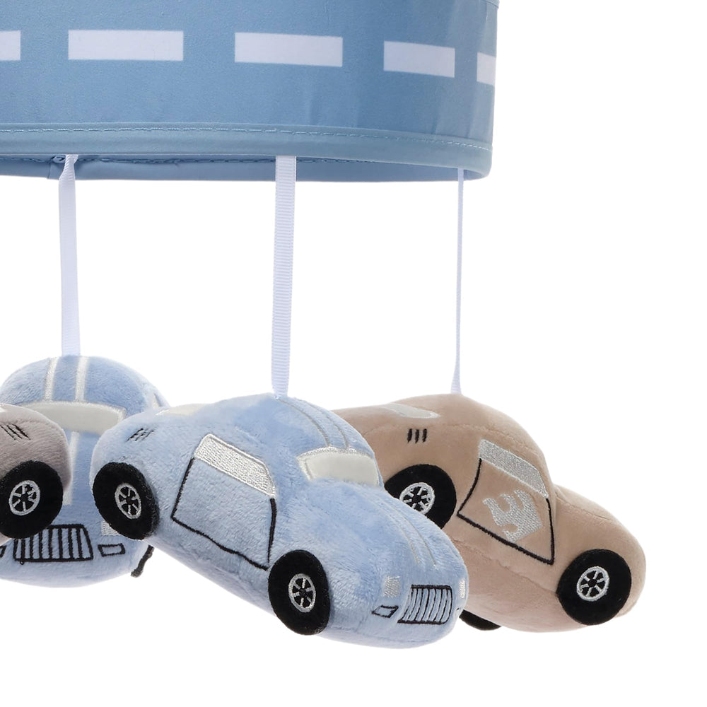 Lambs & Ivy Little Racer mobile shows race cars and lullabies for soothing bedtime.