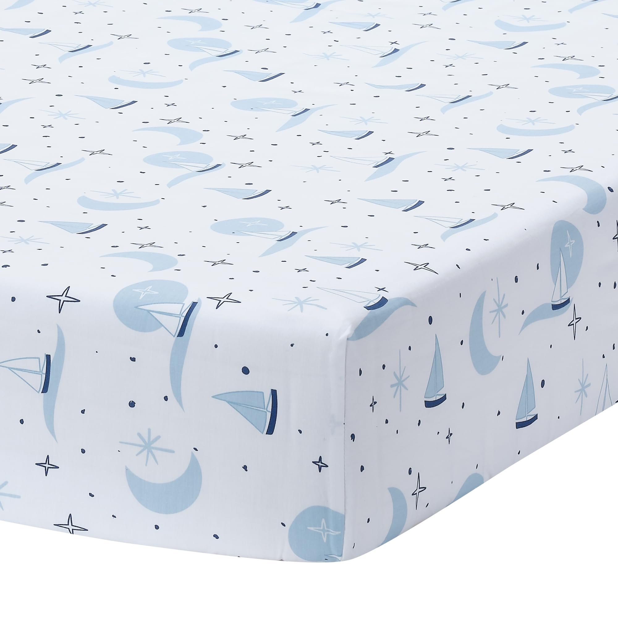 Lambs & Ivy Little Skipper sailboat sheet on white ground for breathable comfort
