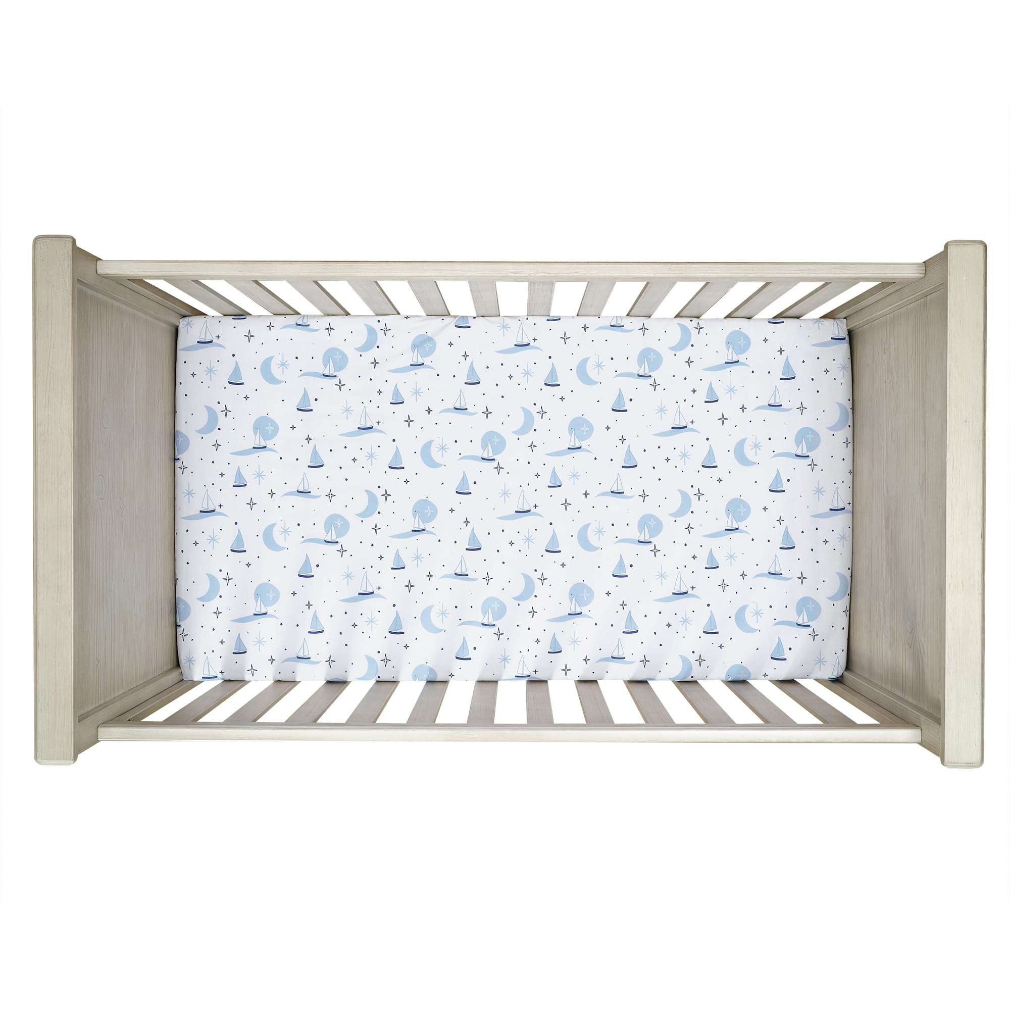 Little Skipper sky blue and navy pattern enhances nautical nursery style