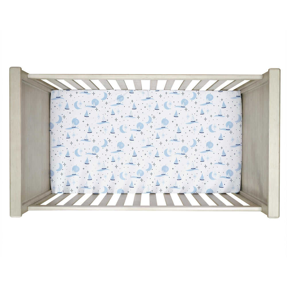 Little Skipper sky blue and navy pattern enhances nautical nursery style