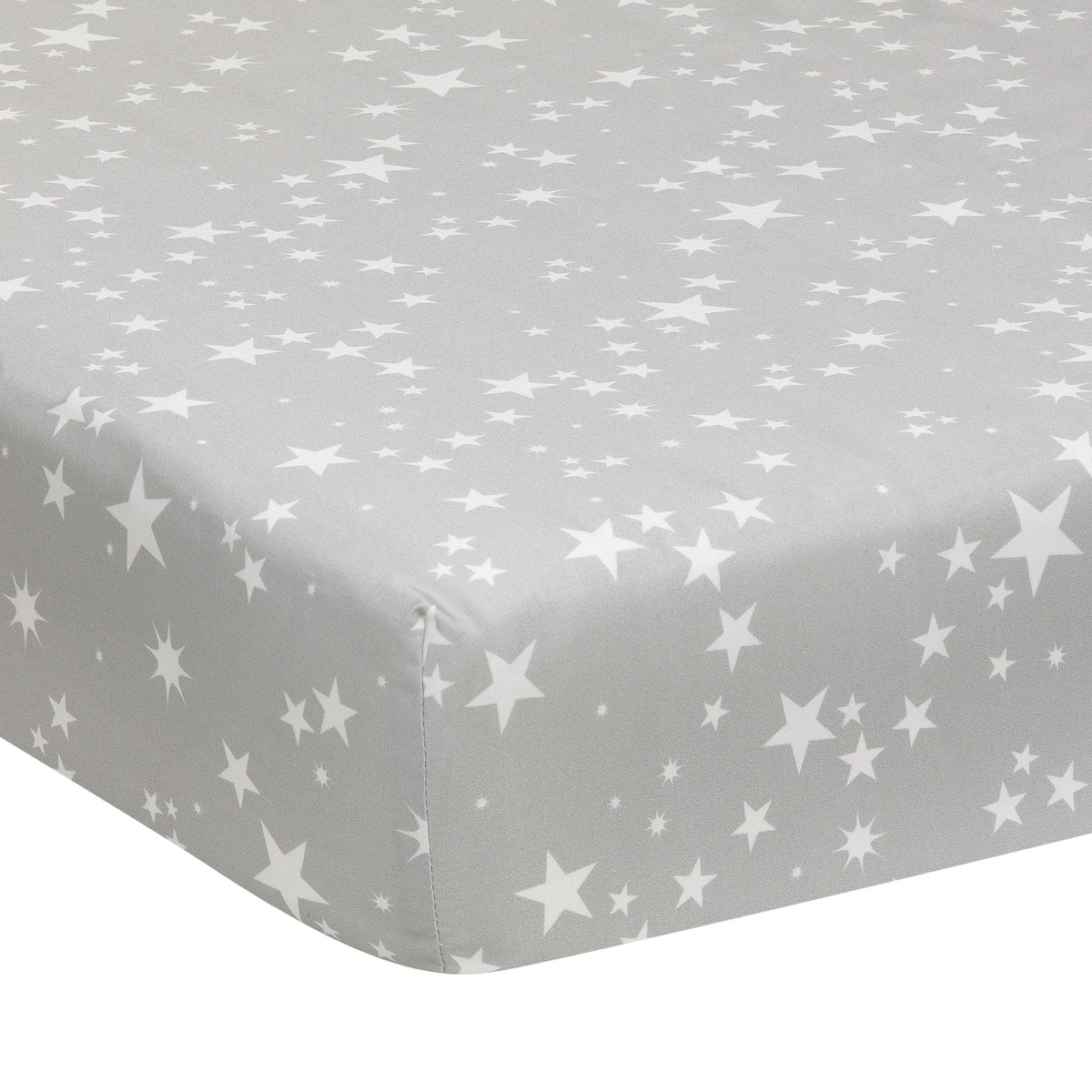 Lambs & Ivy Milky Way gray stars closeup highlights breathable 100% cotton for baby's comfort.