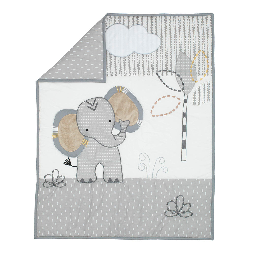 Lambs & Ivy mini crib bedding set contents shown with quilt and sheets.