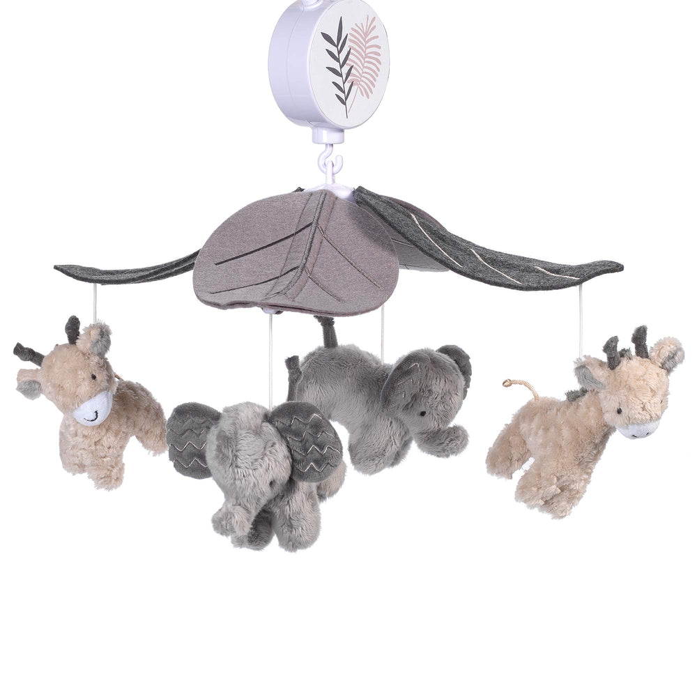 Lambs & Ivy musical crib-mobile closeup of toys and embroidered leaves for visual tracking