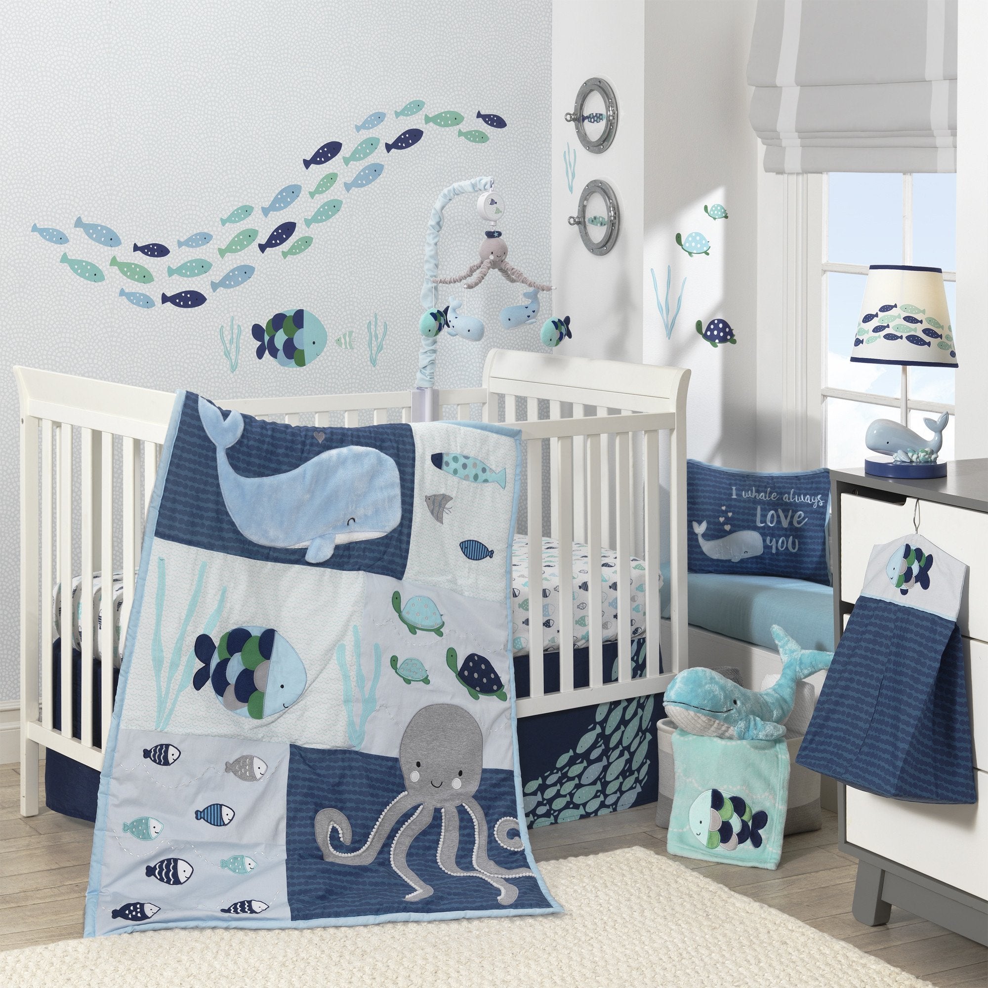 Lambs & Ivy Oceania lamp wipe-clean surface simplifies nursery maintenance.
