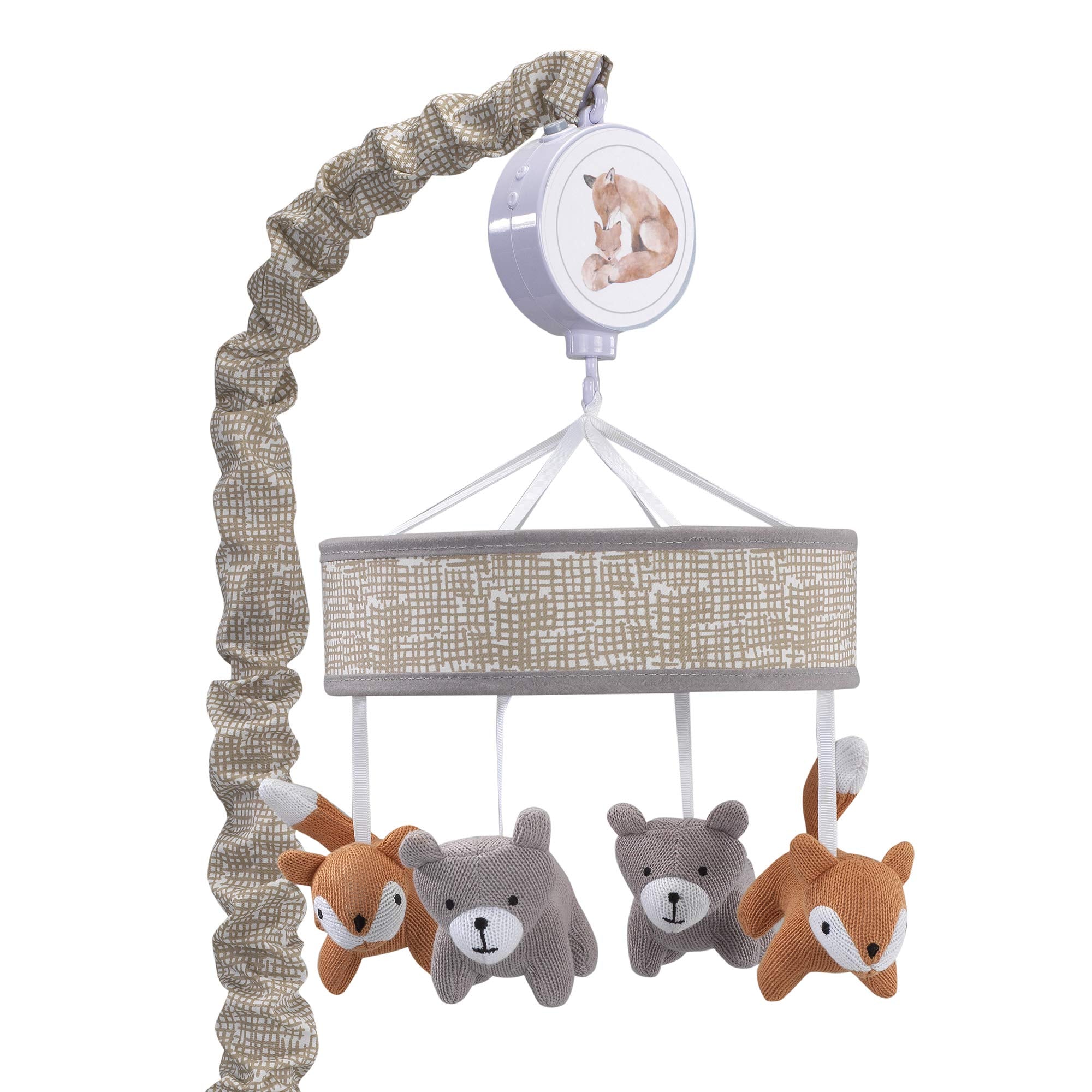 Lambs & Ivy Painted Forest mobile with knitted fox and bear spinning softly to soothe baby.