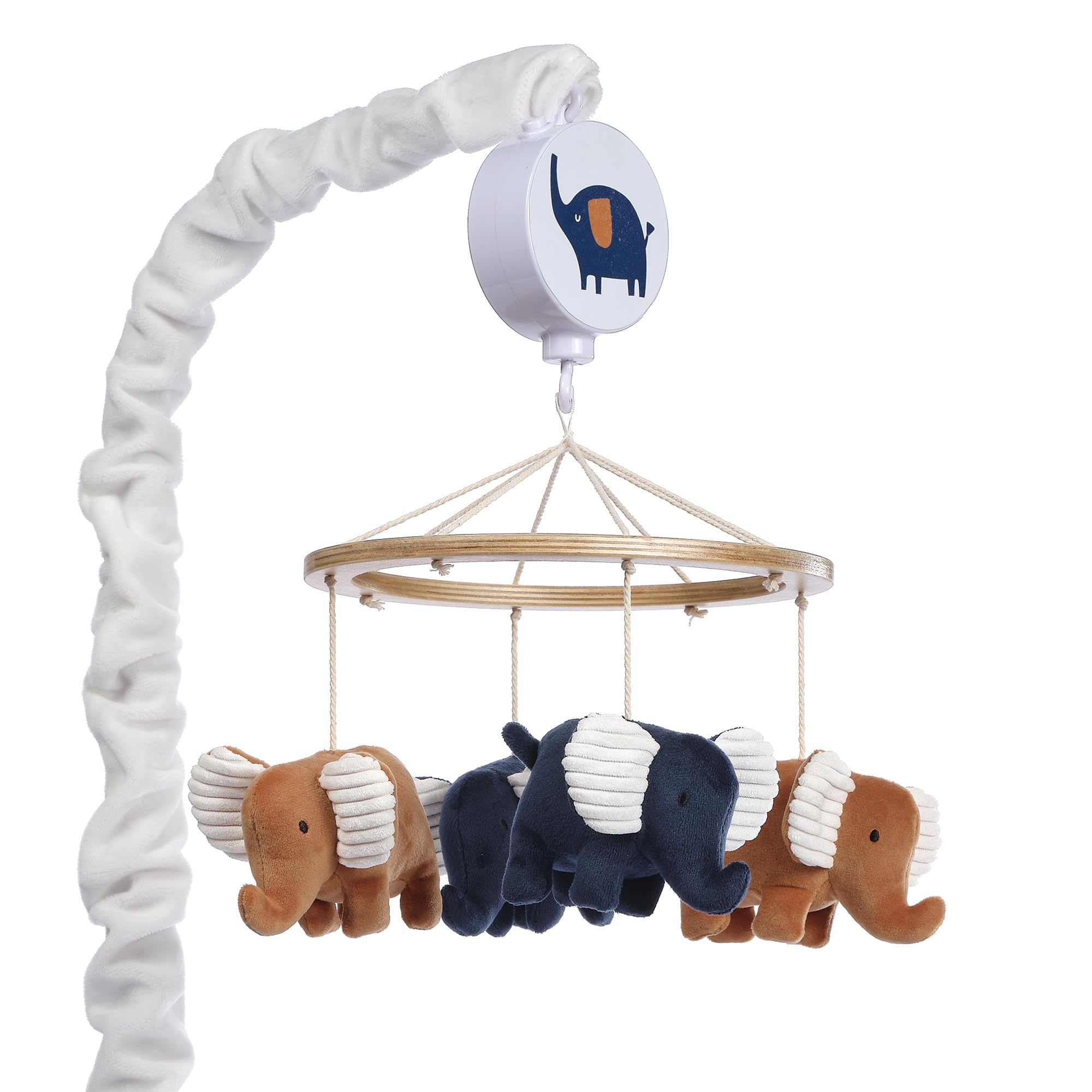 Lambs & Ivy Playful Elephant Mobile rotates with blue elephants to soothe baby.
