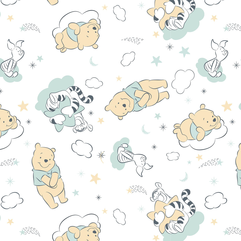 Lambs & Ivy Pooh-themed crib sheet ideal for baby registry and easy care.