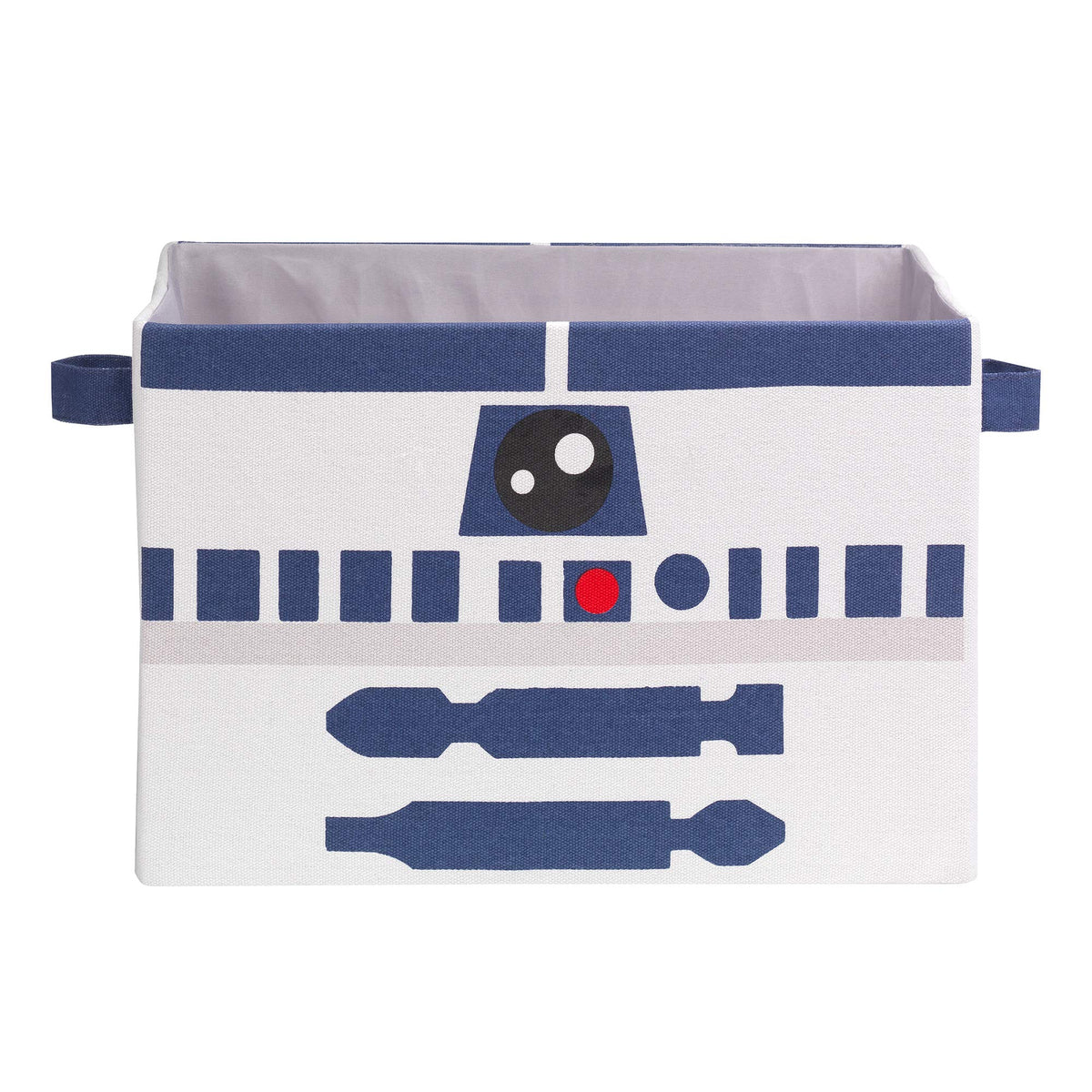Lambs & Ivy R2D2 foldable bin shows space-saving storage for toys and nursery essentials.