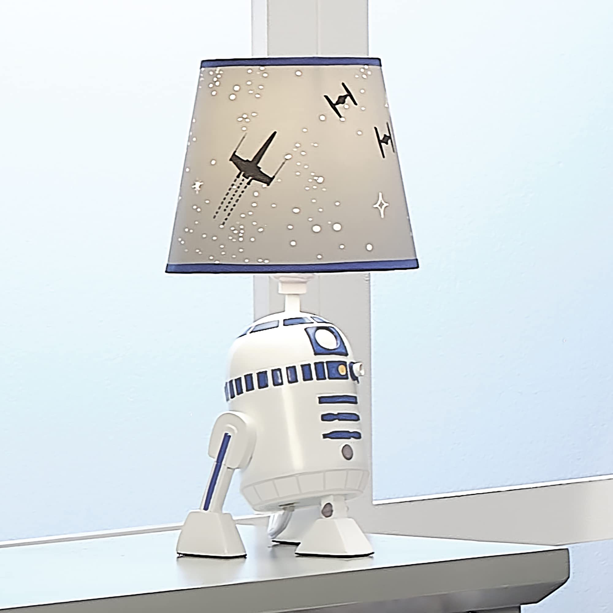 Close-up of Lambs & Ivy R2-D2 detailing on the hand-painted lamp
