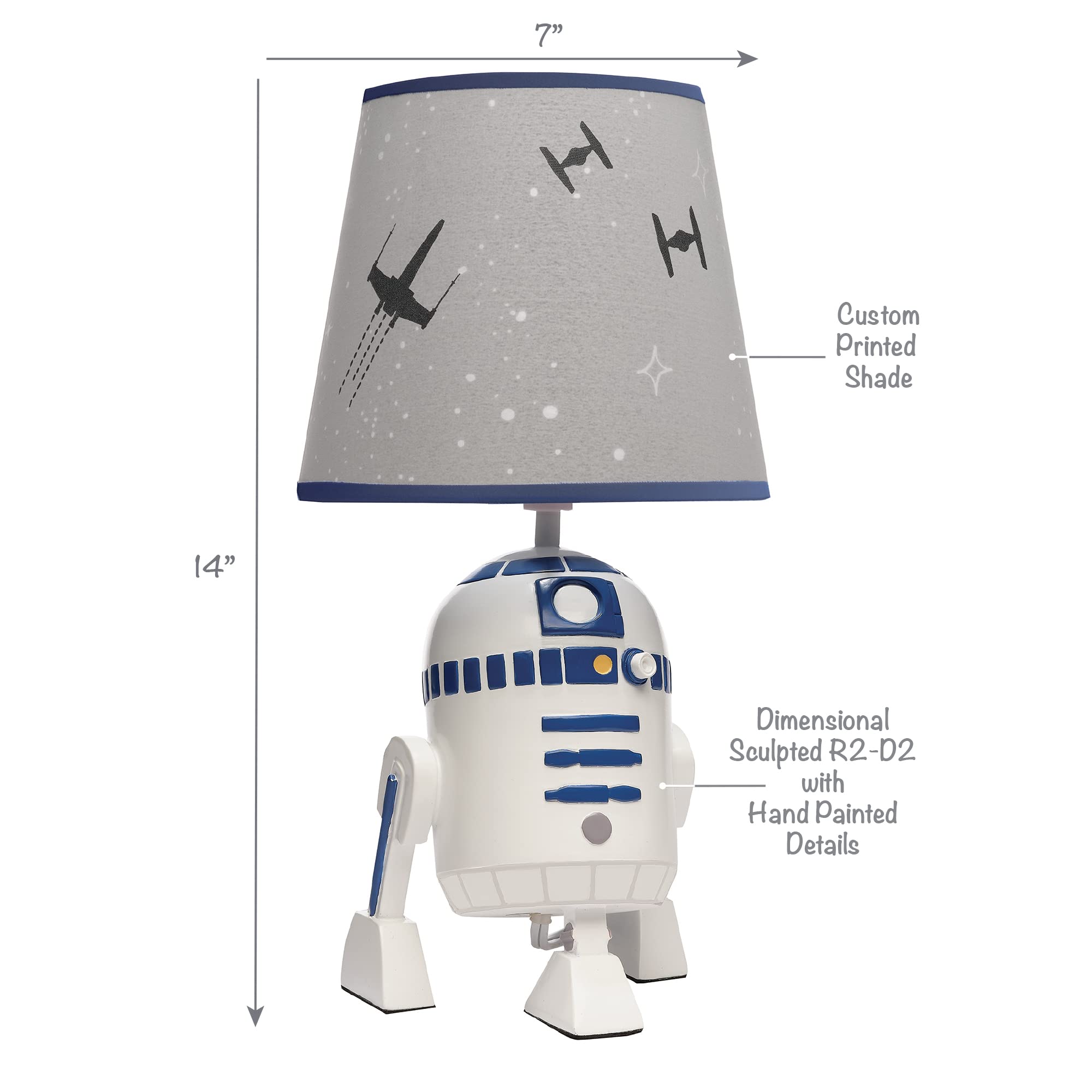 Lambs & Ivy R2-D2 lamp lit with soft LED glow for night-time reading