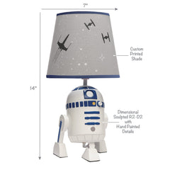 Lambs & Ivy R2-D2 lamp lit with soft LED glow for night-time reading