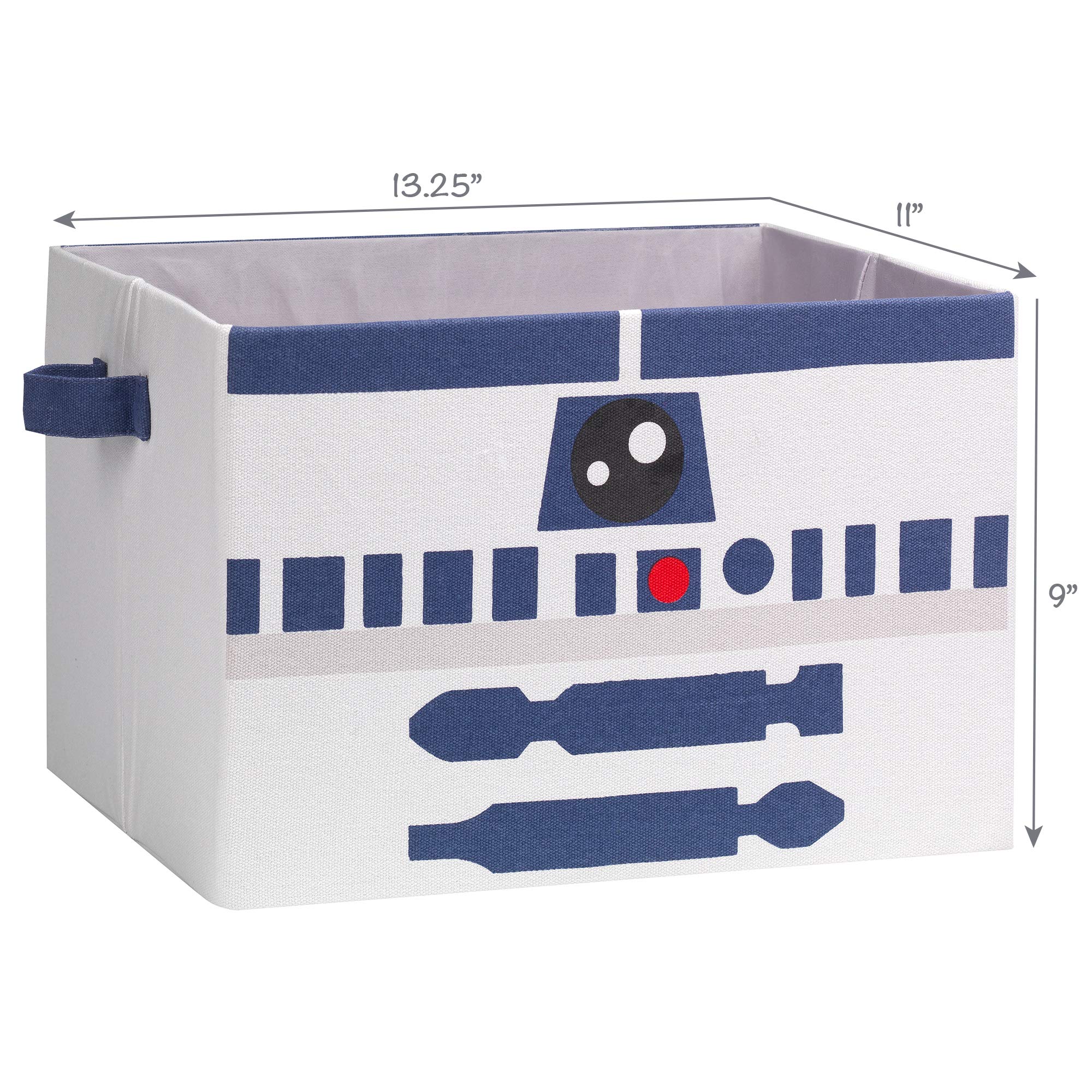 Lambs & Ivy R2D2 bin side handles enable easy transport around playroom.
