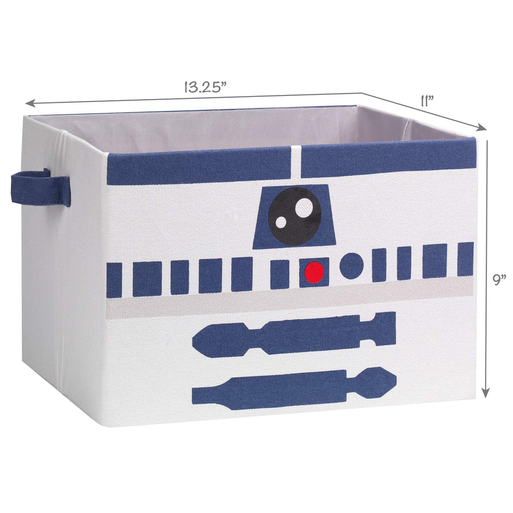 Lambs & Ivy R2D2 bin side handles enable easy transport around playroom.