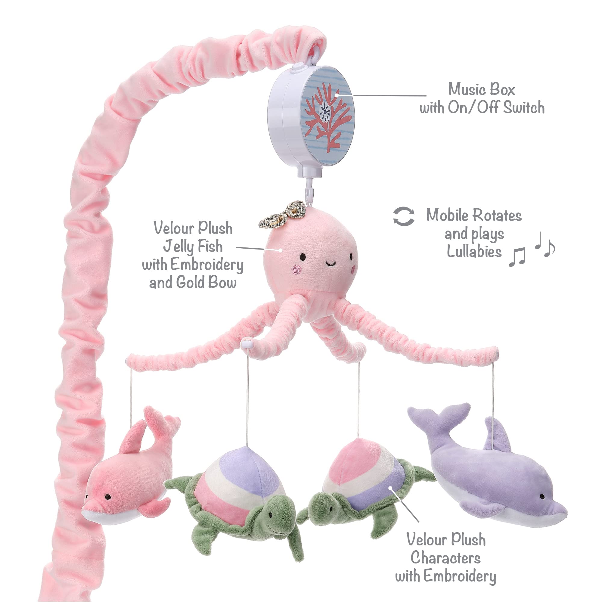 Lambs & Ivy Sea Dreams pastel dolphins closeup for baby focus and engagement