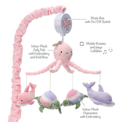 Lambs & Ivy Sea Dreams pastel dolphins closeup for baby focus and engagement