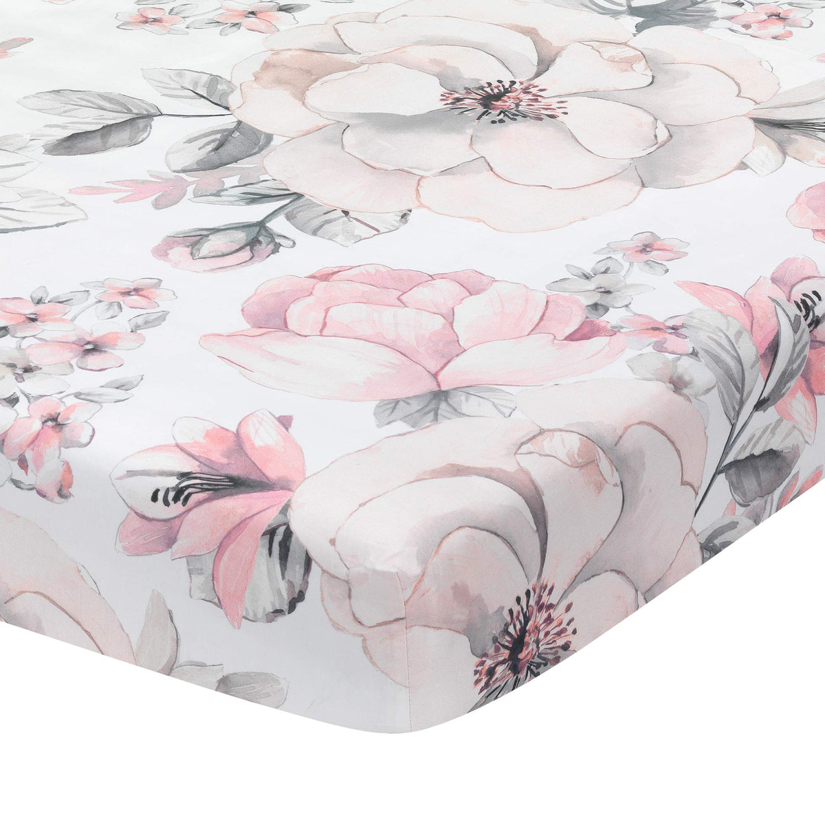 Lambs & Ivy Signature Botanical Baby Watercolor Crib Sheet in flatlay highlights a vibrant print for nursery decor.