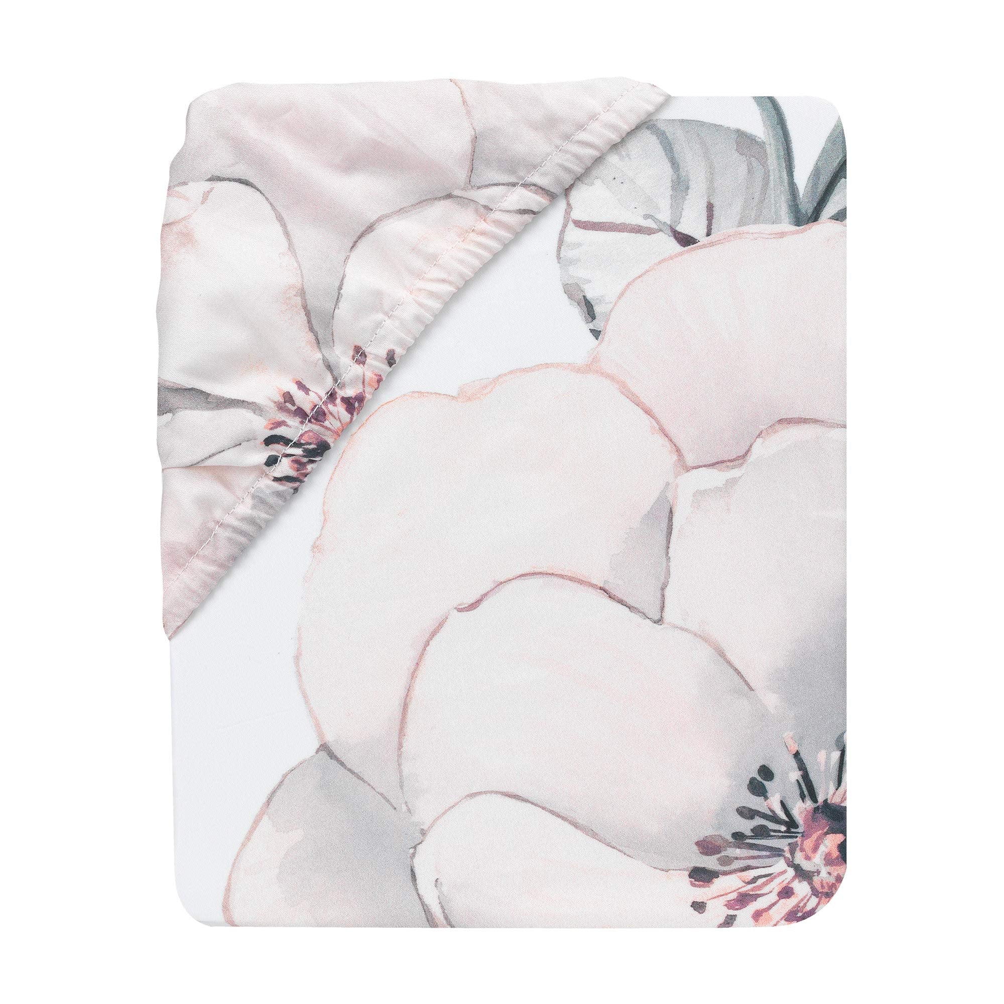 Lambs & Ivy Signature Botanical Baby Watercolor Crib Sheet on mattress shows secure elastic fit for standard crib.