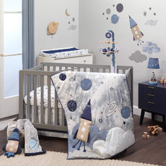 Lambs and Ivy Sky Rocket design coordinates with many bedding styles