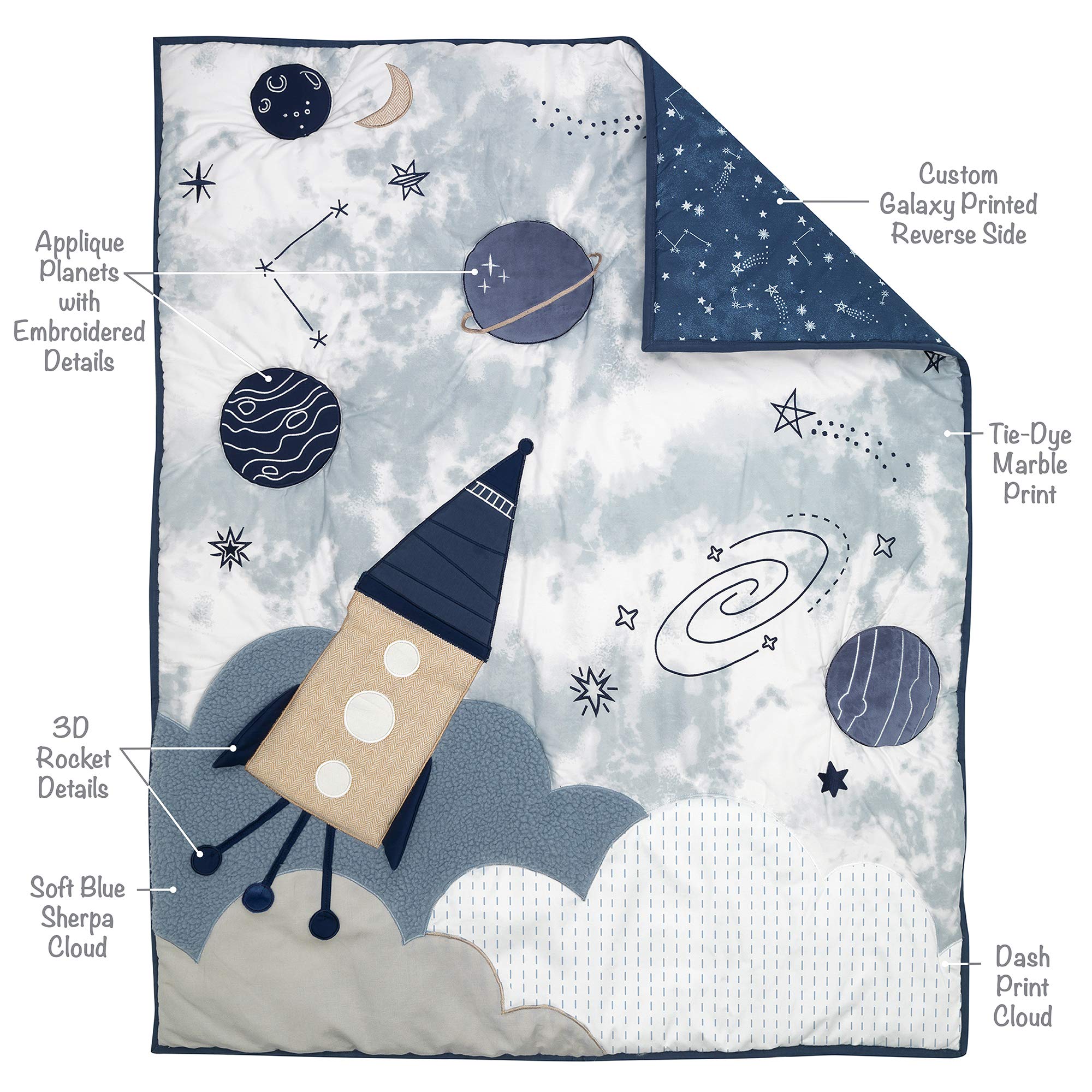 Lambs & Ivy Sky Rocket crib skirt with tie-dye/shibori design for modern style.