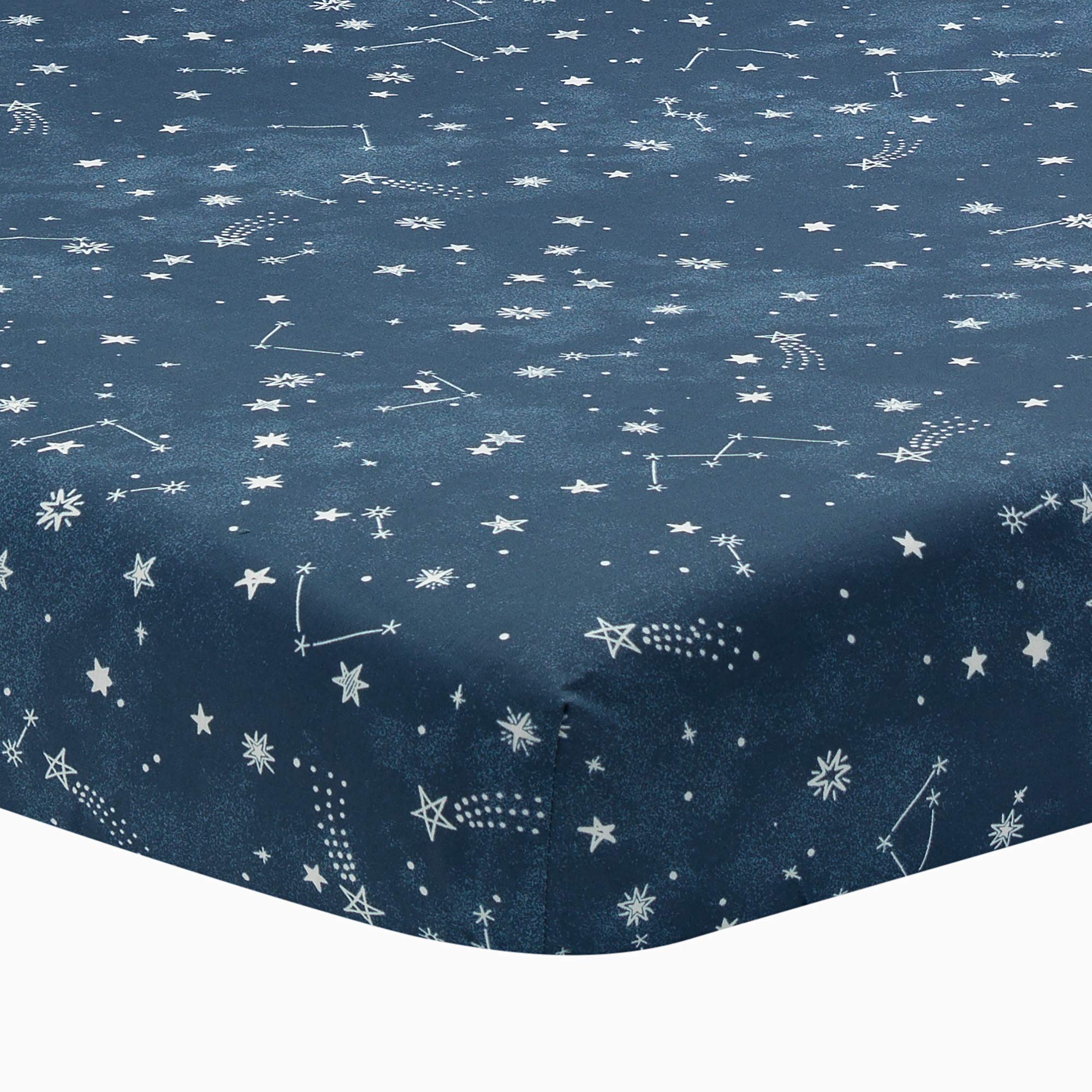 Lambs and Ivy Sky Rocket sheet closeup shows breathable cotton for baby comfort