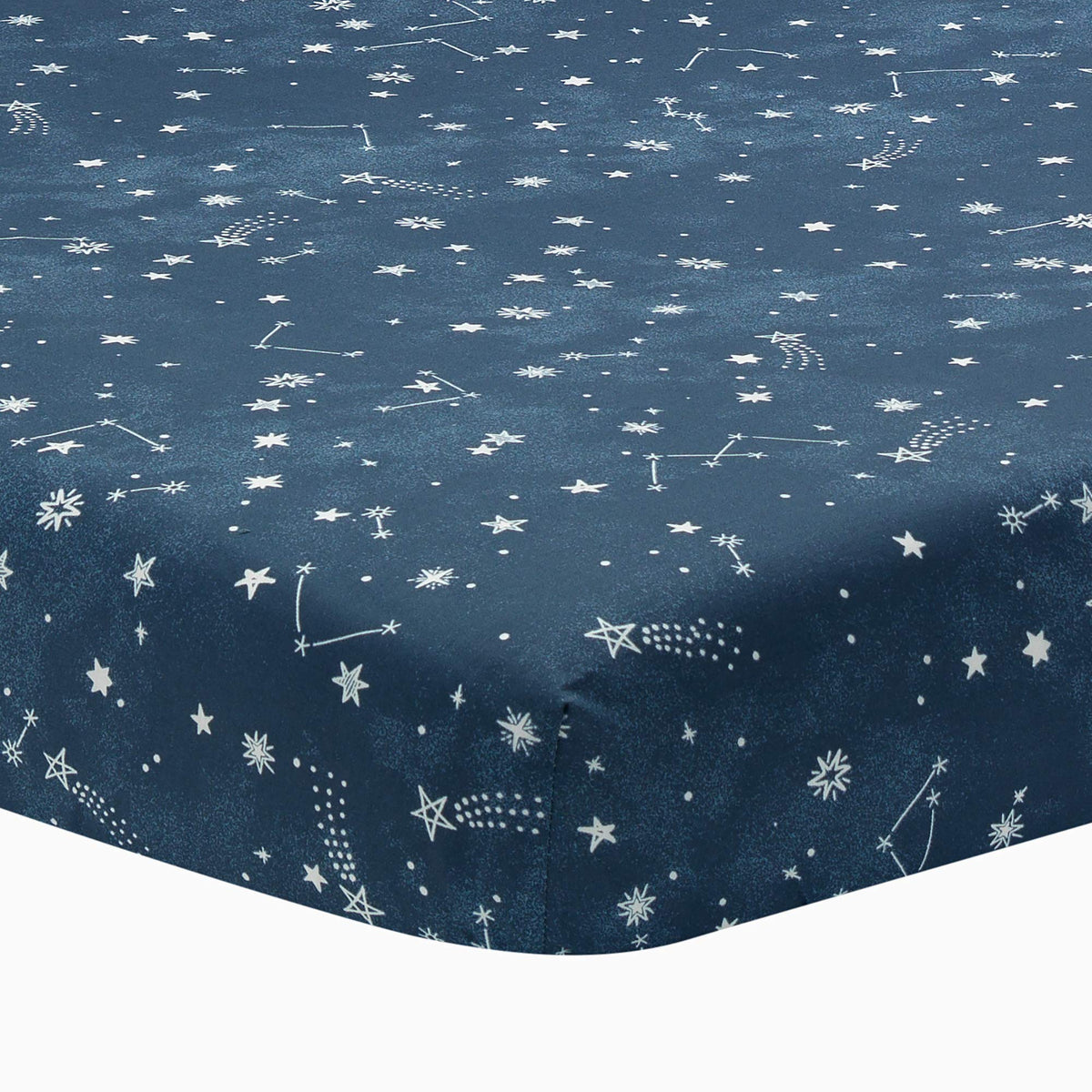 Lambs and Ivy Sky Rocket sheet closeup shows breathable cotton for baby comfort