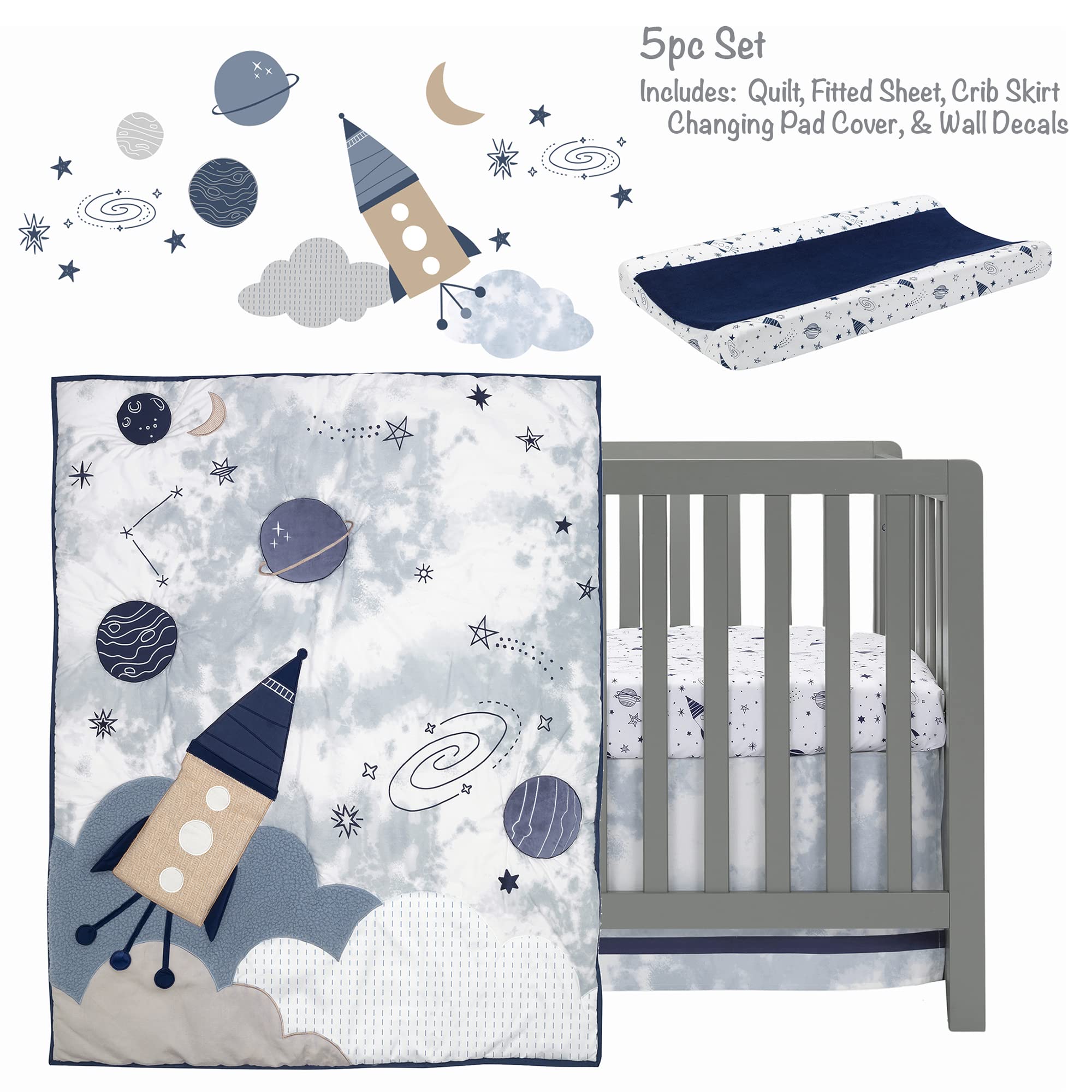 Lambs & Ivy Sky Rocket breathable 100% cotton fitted sheet for safe sleep surface.