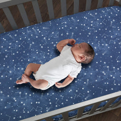 Lambs and Ivy Sky Rocket navy stars on blue ground for versatile nursery styling