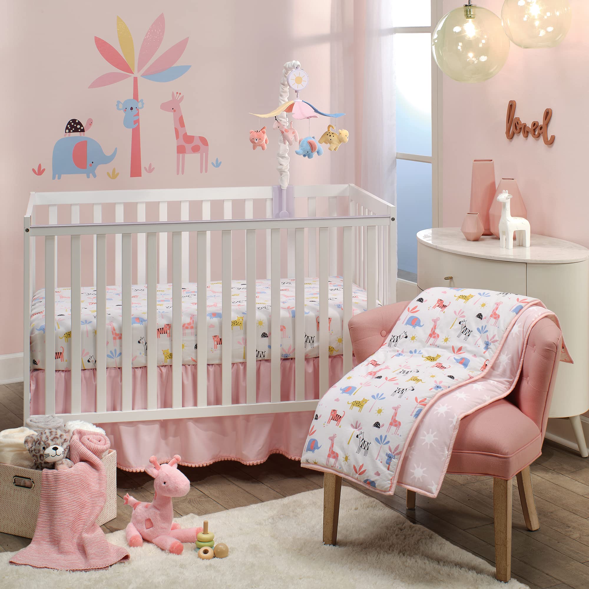 Lambs & Ivy Snuggle Jungle pastel elastic edge ensuring snug crib fit
