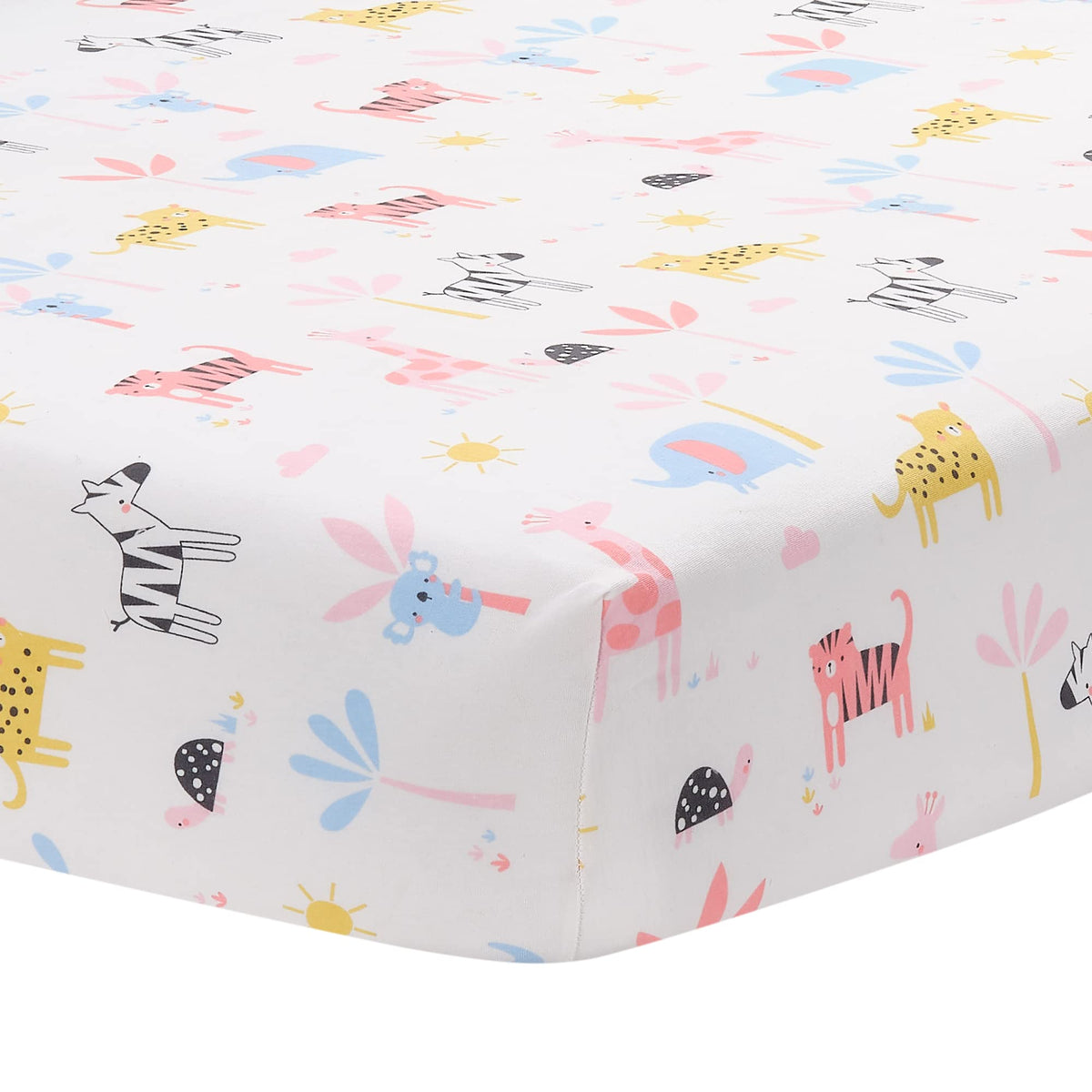 Lambs & Ivy Snuggle Jungle pastel fabric closeup showing breathable cotton jersey