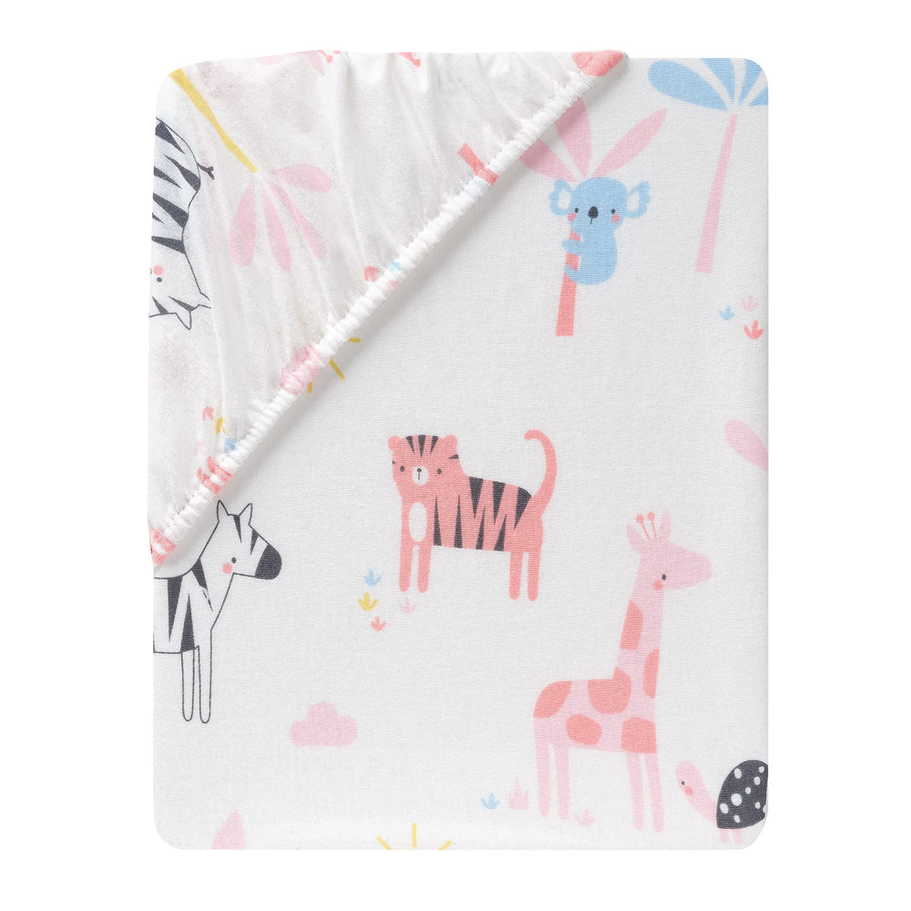 Lambs & Ivy Snuggle Jungle pastel print detail featuring safari animals