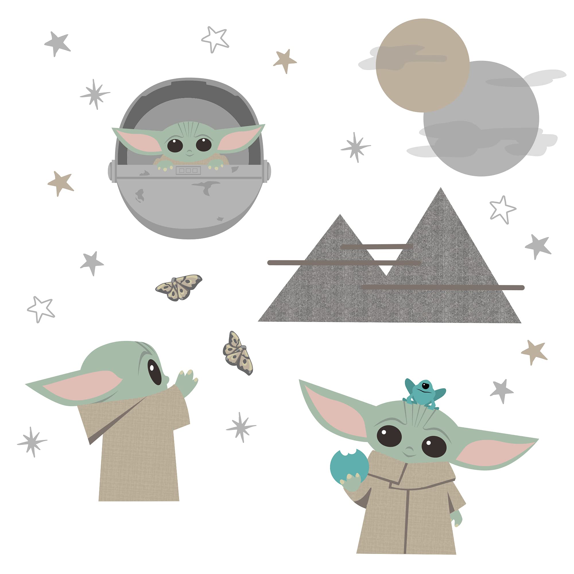 Lambs & Ivy Baby Yoda decals in three poses create a playful wall mural.