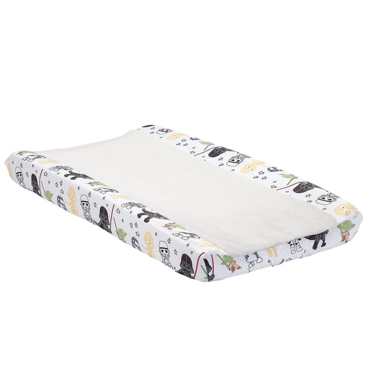 Lambs & Ivy Star Wars changing pad cover front view highlights soft fleece panel for baby warmth