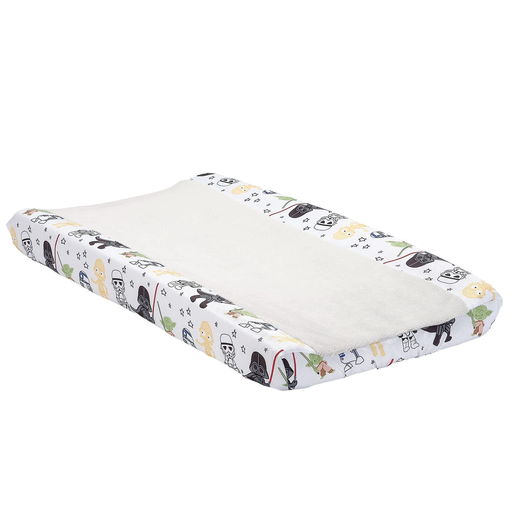 Lambs & Ivy Star Wars changing pad cover front view highlights soft fleece panel for baby warmth